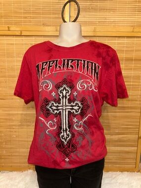 Affliction Live Fast red gothic cross t-shirt tee short sleeve top woman’s XL